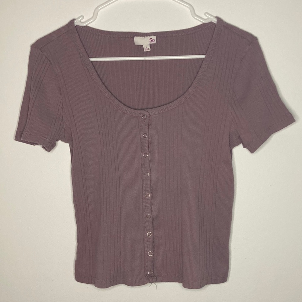 SO Women's Mauve Ribbed Button-Up 90s-Style Top Size Large